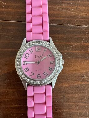 Vivani Pink Crystal Bezel Women's Silicone Strap Watch